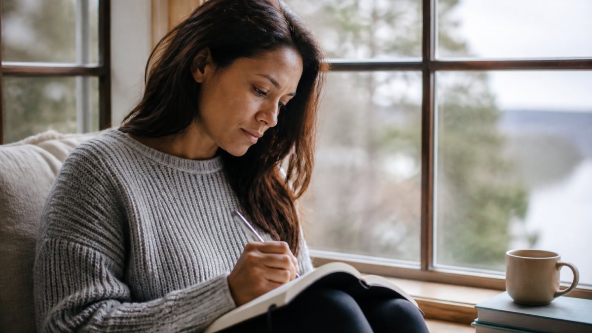 A woman sits by a window writing in a journal with a thoughtful expression in soft natural light.
