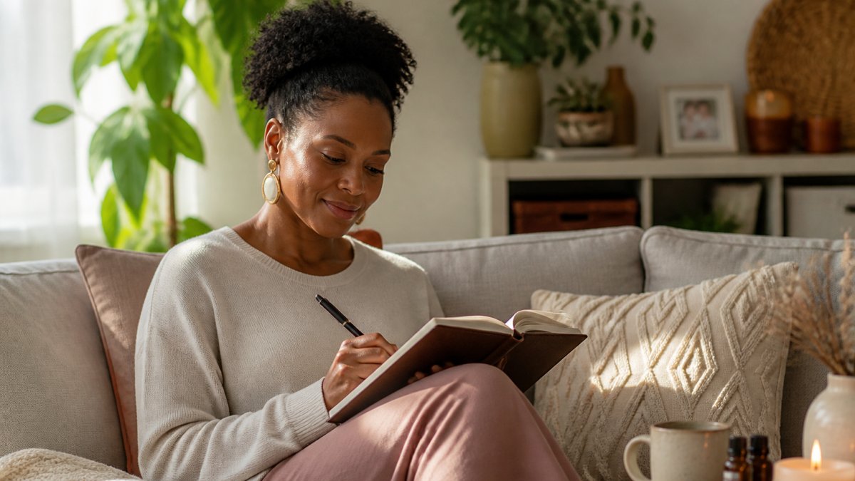 Woman in comfortable home setting with warm natural lighting, sitting peacefully with a journal and pen, practicing mindfulness with a sense of calm and self-care surrounding her