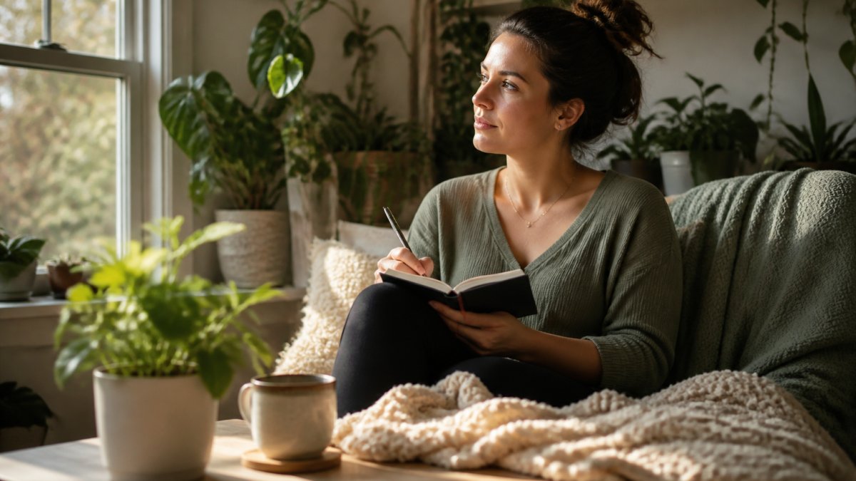 A reflective person sits in a sunlit room with tea and a journal, practicing self-care to heal from childhood trauma.