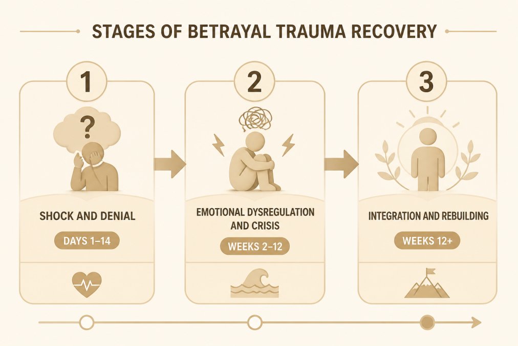 Timeline showing three stages of betrayal trauma recovery with key milestones: Stage 1 (Shock and Denial, Days 1-14), Stage 2 (Emotional Dysregulation and Crisis, Weeks 2-12), Stage 3 (Integration and Rebuilding, Weeks 12+)