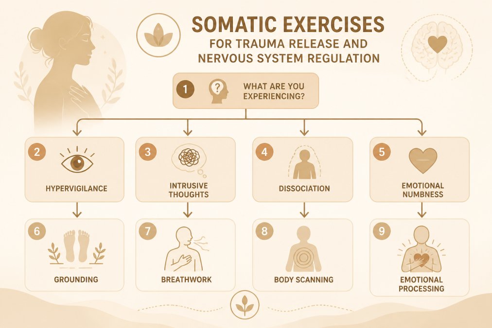 Decision flowchart for somatic exercise selection: If experiencing hypervigilance, choose grounding techniques; if experiencing intrusive thoughts, choose breathwork; if experiencing dissociation, choose body scanning; if experiencing emotional numbness, choose emotional processing exercises