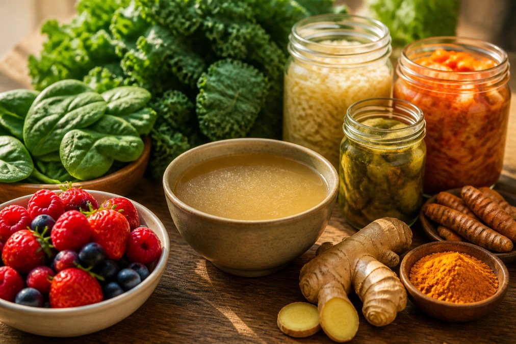 Colorful array of whole foods on a wooden table including bone broth in a ceramic bowl, fermented vegetables in glass jars, fresh leafy greens, mixed berries, ginger root, and turmeric powder, with natural golden sunlight highlighting the fresh ingredients