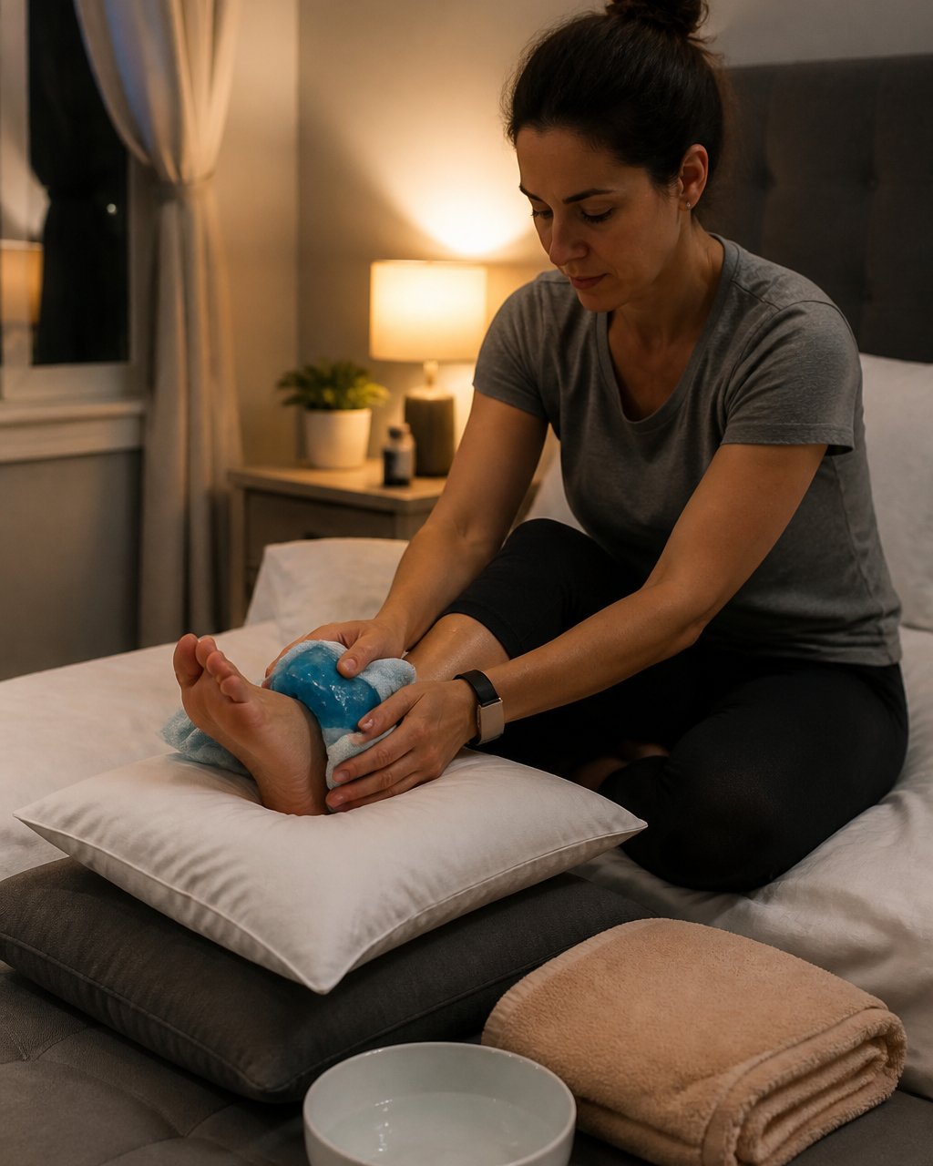 Person sitting on bed with feet elevated on pillows, applying ice pack to foot, warm towel nearby, relaxed evening setting with soft lighting