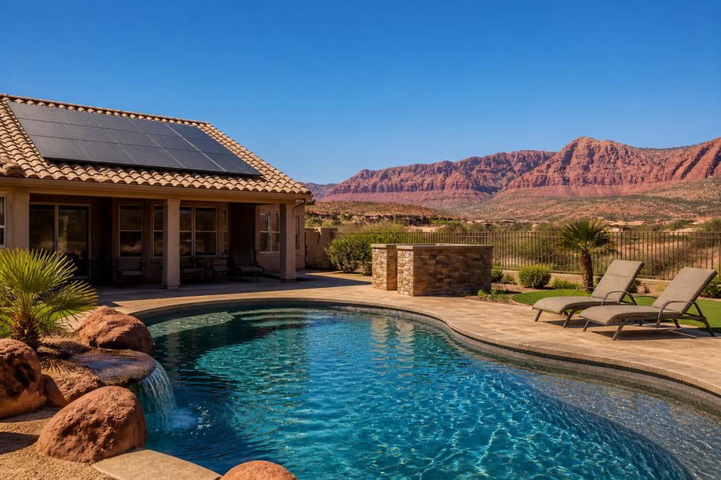 A residential backyard in Southern Utah with a swimming pool, red rock mountains in the distance, and clear sunny skies