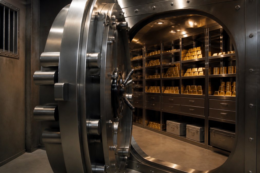 Professional secure vault with reinforced steel door, organised storage compartments holding gold coins and bullion, dramatic security lighting
