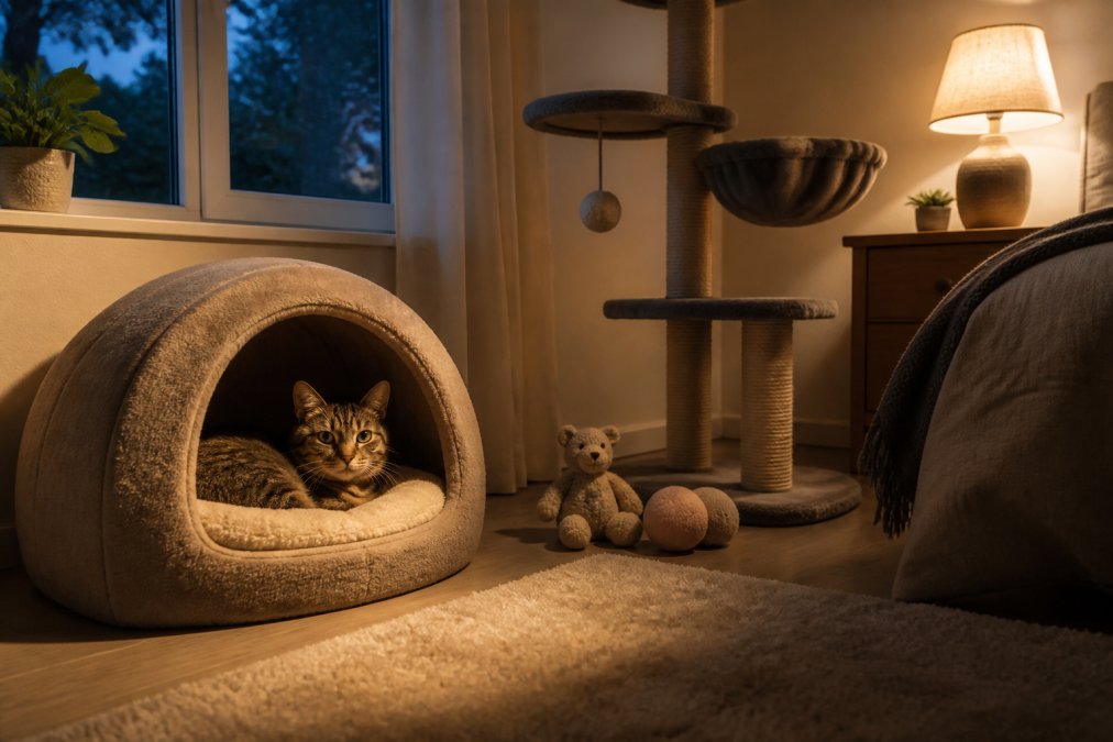 A cozy cat cave bed placed in a quiet bedroom corner next to a window, with a cat tree and a few plush toys nearby, warm lamp light, evening atmosphere
