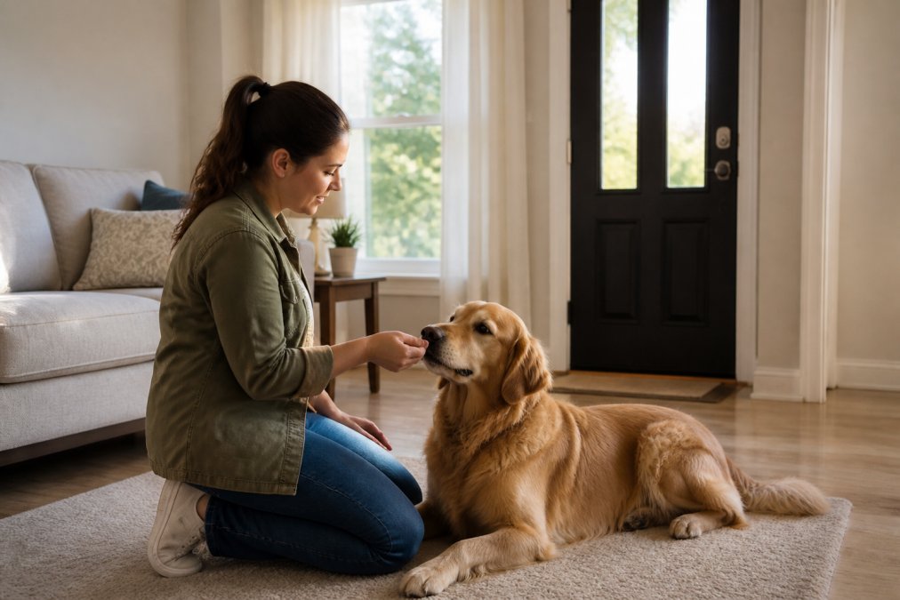 Owner kneeling beside a calm golden retriever in a sunlit living room, offering a small treat during a short departure practice session, front door visible in the background