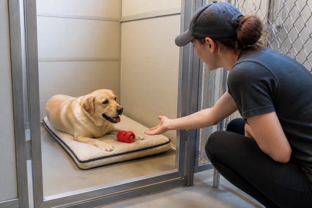 A relaxed Labrador settling into a spacious, clean boarding run with a cozy fleece bed and a food-stuffed Kong toy, a staff member crouching nearby with a gentle hand extended toward the dog
