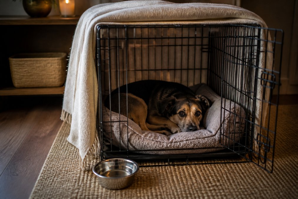 A fearful rescue dog resting quietly inside a cozy, covered crate in a calm and dimly lit living room corner.