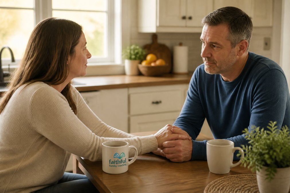 A couple sitting at a kitchen table, one person gently reaching across to hold the other's hand, soft morning light through a window, warm and empathetic atmosphere