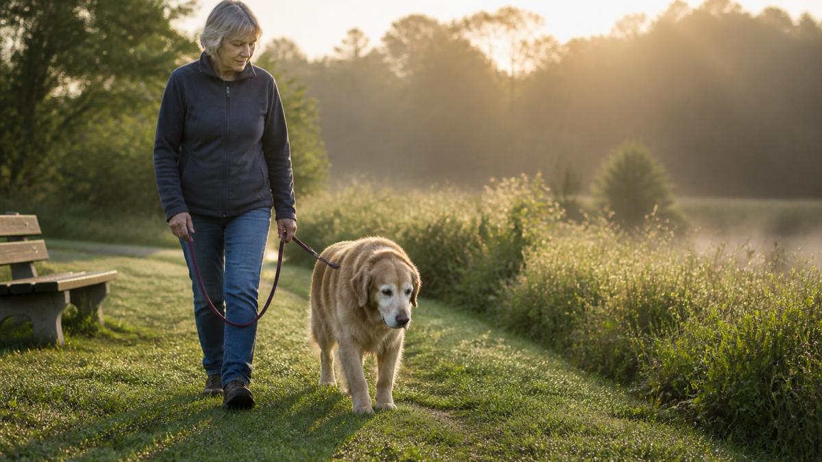 A senior golden retriever walking slowly along a soft grass path in morning light, an older woman holding a loose leash beside the dog, calm gentle pace, dew on the grass
