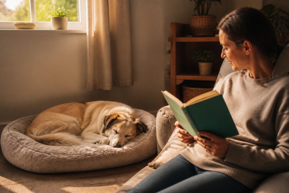 A calm dog resting on a soft bed in a quiet corner of a living room, with a gentle owner sitting nearby reading a book, warm afternoon light through a window