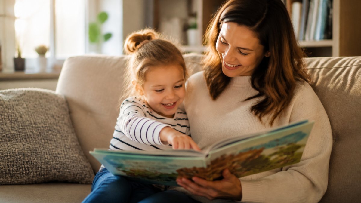 Parent and child sitting together on a cozy couch reading a colorful picture book, child smiling and pointing at illustrations, warm afternoon sunlight streaming through a nearby window