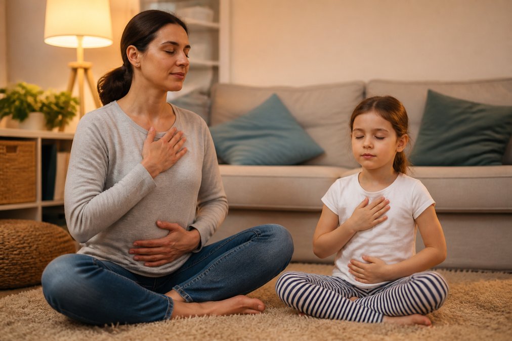 A parent sitting cross-legged on a soft rug with a young child aged around 5, both doing slow deep breathing exercises together in a cozy living room with warm lamp lighting, the parent's expression calm and reassuring, the child's eyes closed in concentration