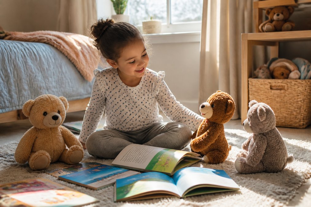 A child aged around 5 engaged in imaginative dramatic play with stuffed animals and picture books spread open on a soft rug in a sunlit room, smiling and relaxed, natural daylight streaming through a nearby window