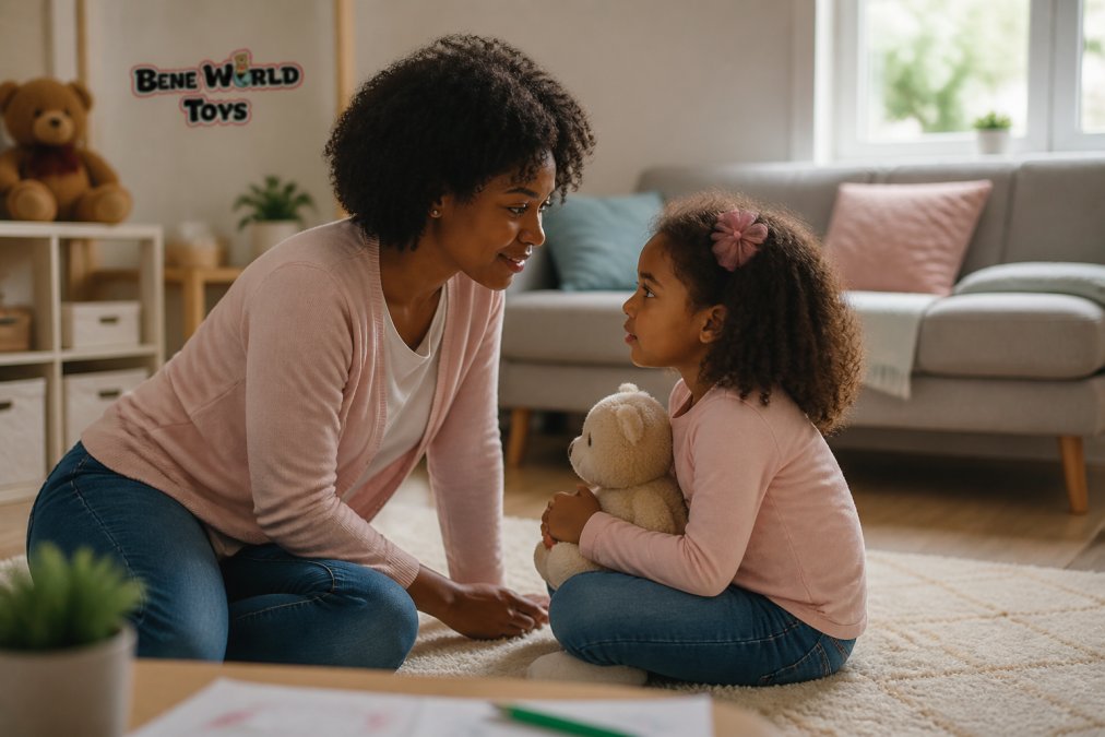 A parent sits at eye level to help children process emotions in a cozy living room while the child holds a toy.