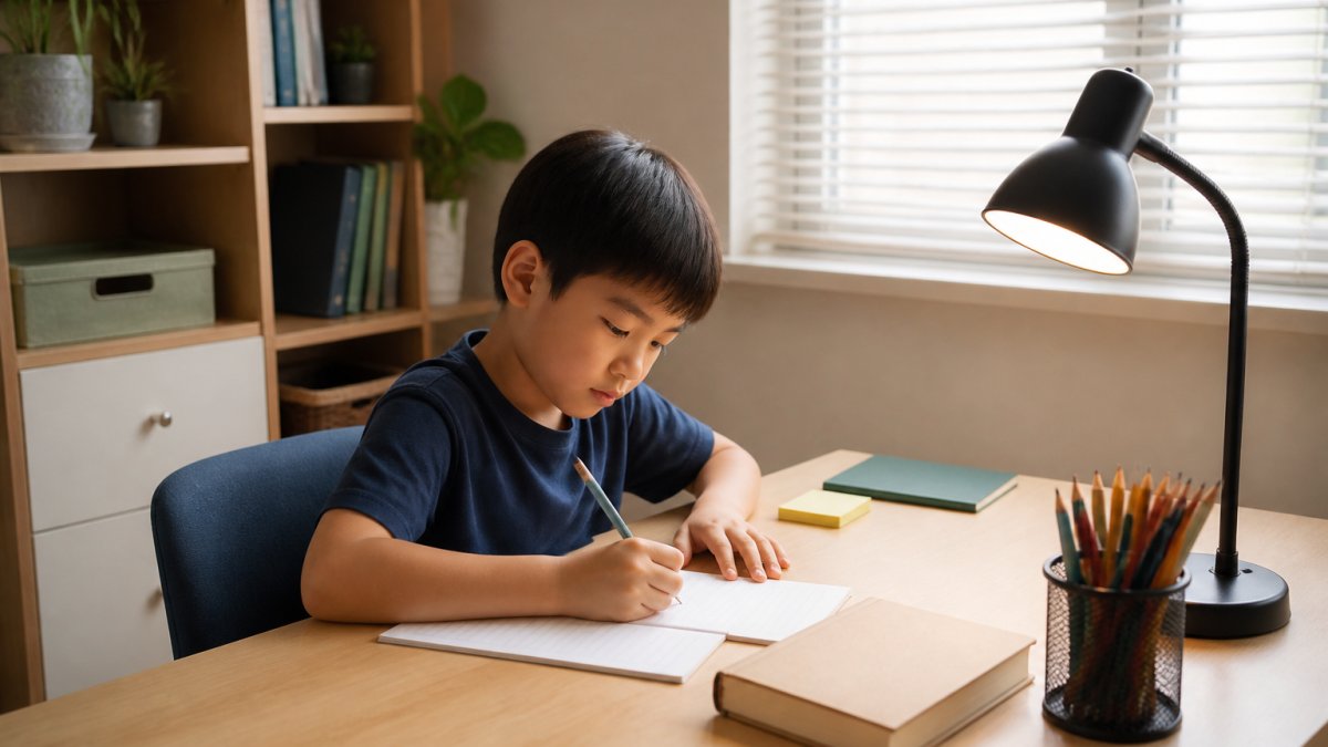 Child sitting at organized desk in bright room with minimal clutter, desk lamp, pencils in holder, and quiet study environment
