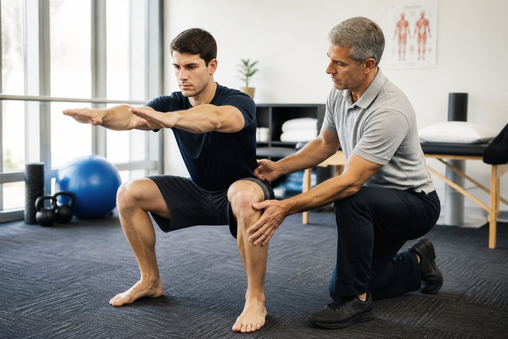 Athlete performing a controlled eccentric squat to aid jumper's knee recovery in a bright clinical setting.