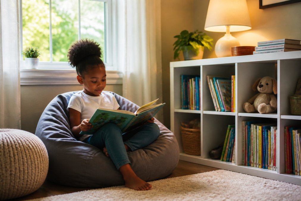 A cozy, well-lit reading nook in a family living room with a child sitting on a beanbag chair, holding a colorful picture book, with a small bookshelf nearby