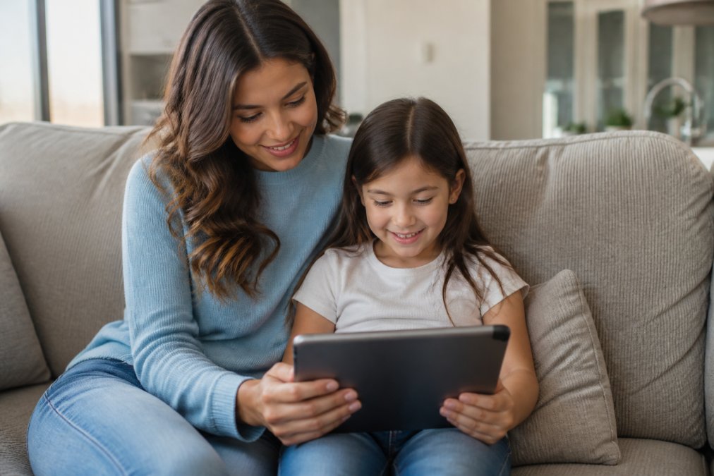 Parent and child sitting together at home on a comfortable couch, looking at a tablet displaying colorful illustrations of a friendly smiling dentist and bright, welcoming dental office with toys and decorations