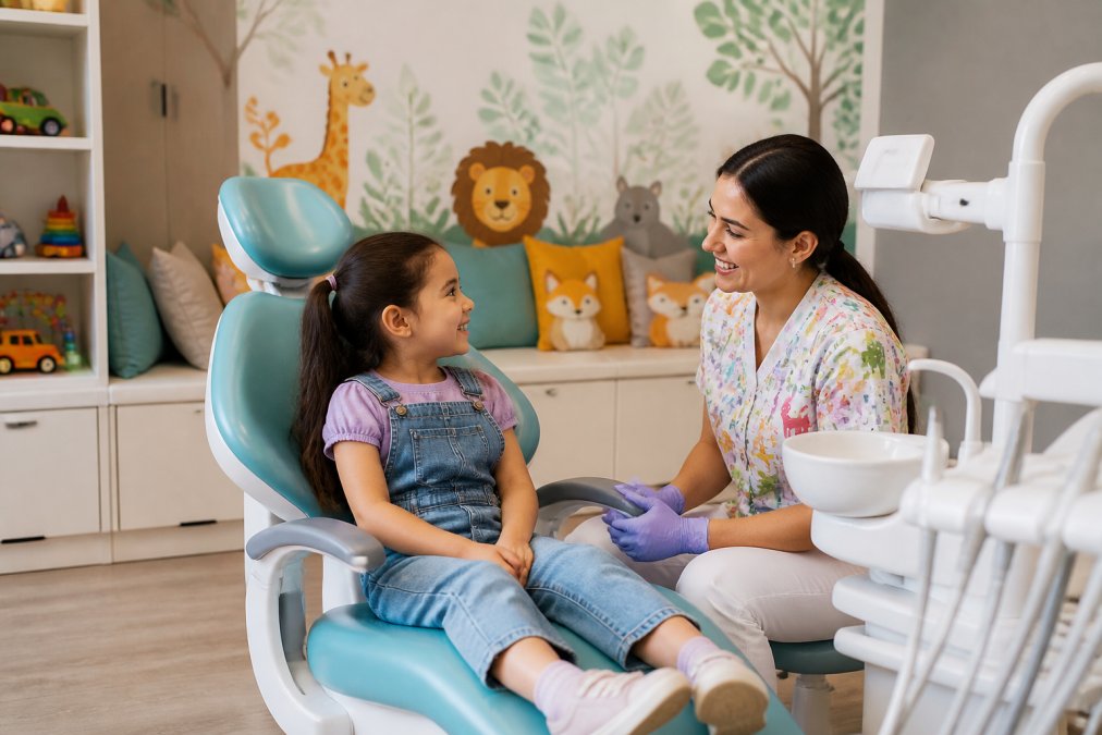 Bright, welcoming pediatric dental office interior with soft pastel walls, colorful friendly animal illustrations, comfortable seating with cushions, shelves of toys and books, and a calm young child sitting in a modern dental chair with a warm, attentive female dentist in colorful scrubs nearby smiling reassuringly