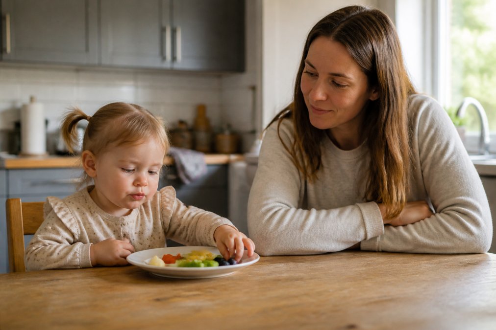 A parent sitting calmly at a kitchen table with a young child who is exploring a plate of small, colorful food portions, the parent relaxed and not hovering, warm natural light from a window