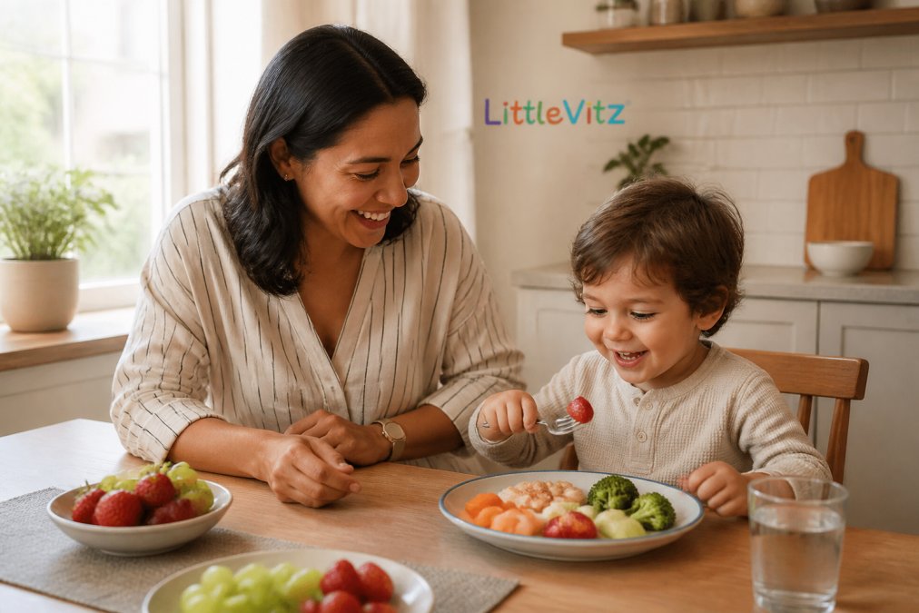 Infographic showing mealtime routines to help picky eaters get nutrients with a parent and child at a table.