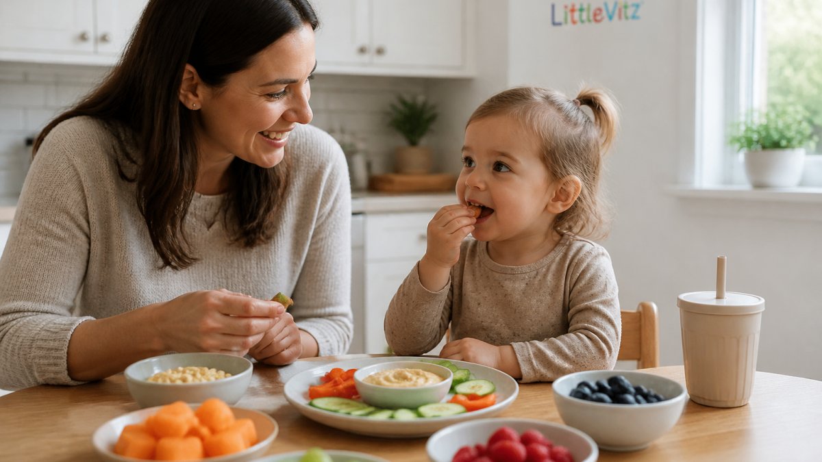 A parent and toddler sitting together at a kitchen table with small bowls of colourful finger foods, a calm and relaxed mealtime scene with natural light