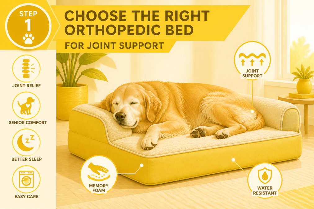 Senior golden retriever resting peacefully on a plush memory foam orthopedic bed in a sunlit corner of a living room, showing visible comfort and relaxation
