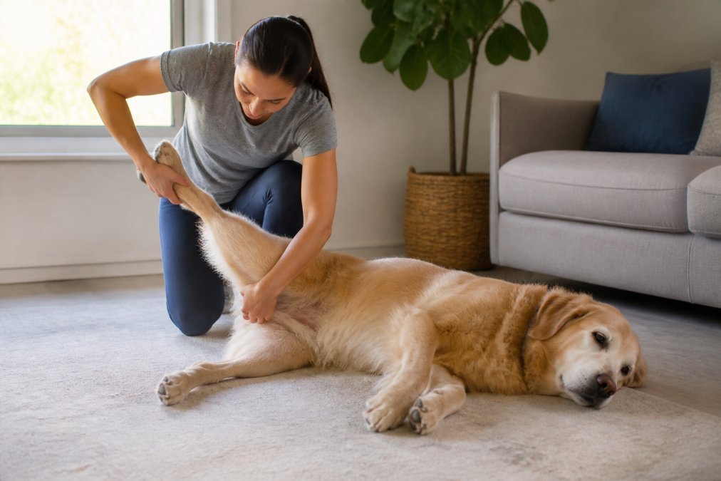 Dog owner gently supporting and stretching a senior dog's hind leg during at-home physical therapy session in a bright, comfortable living room
