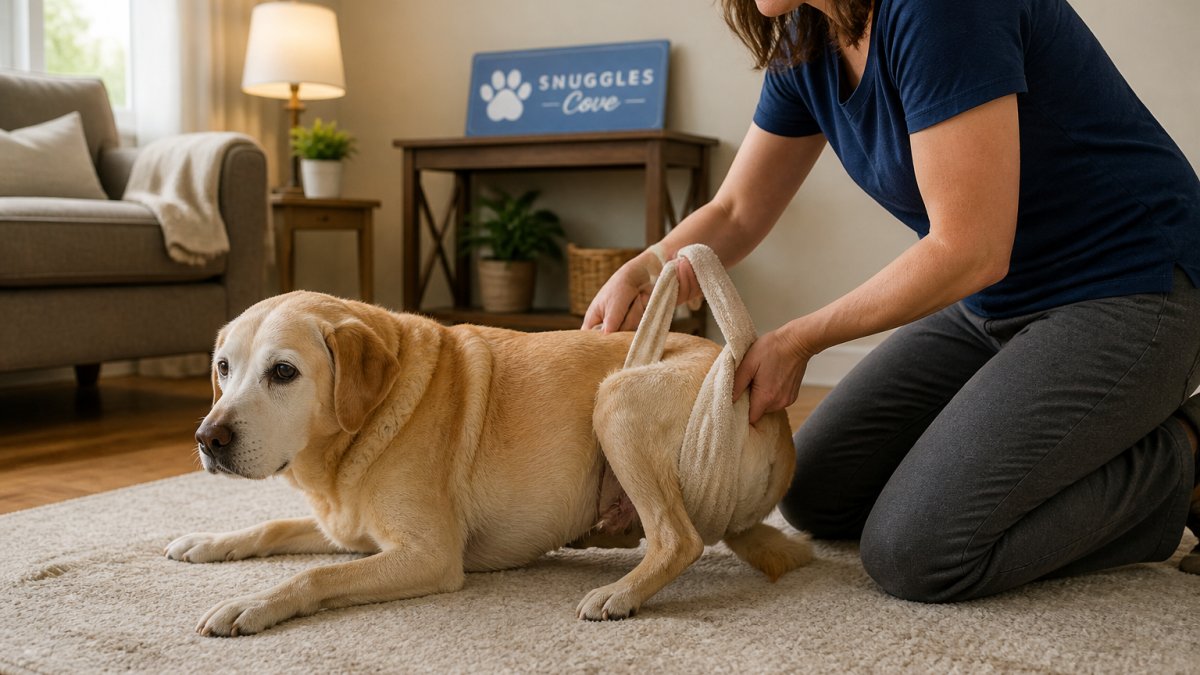 A person gently supporting a senior dog's hind legs with a towel sling to help the dog stand up from a lying position on a rug in a cozy living room
