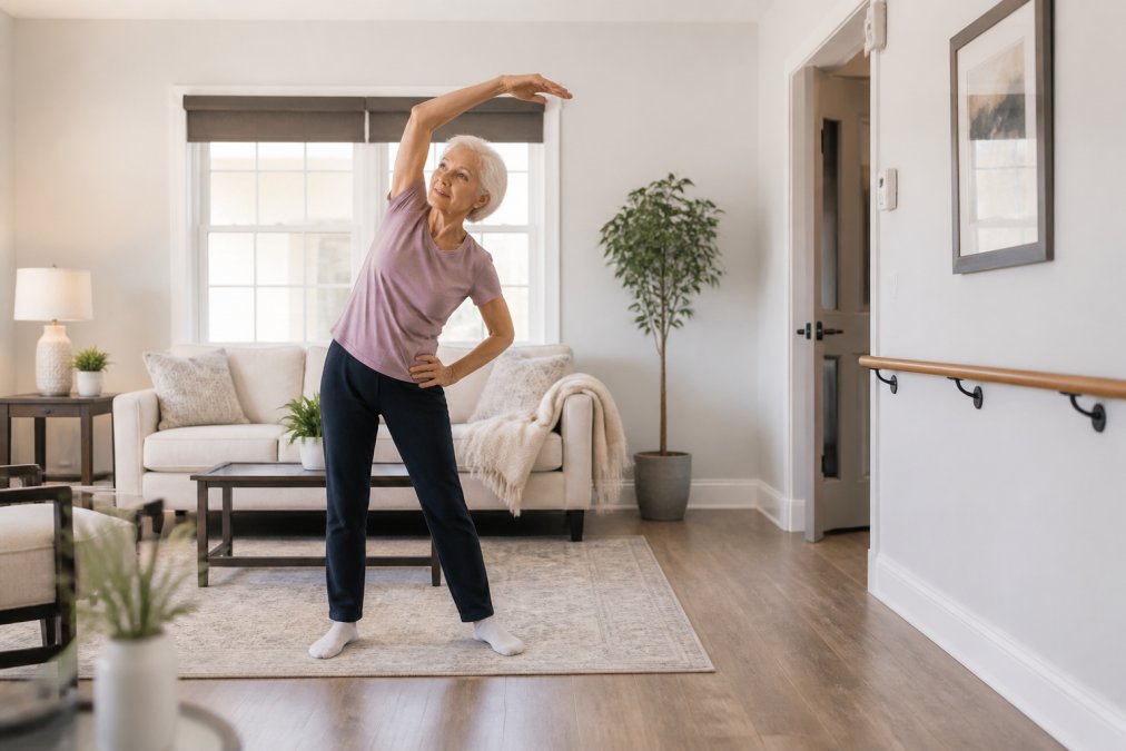 Older adult performing gentle stretching exercises in a bright, spacious living room with clear pathways and visible handrails on the walls
