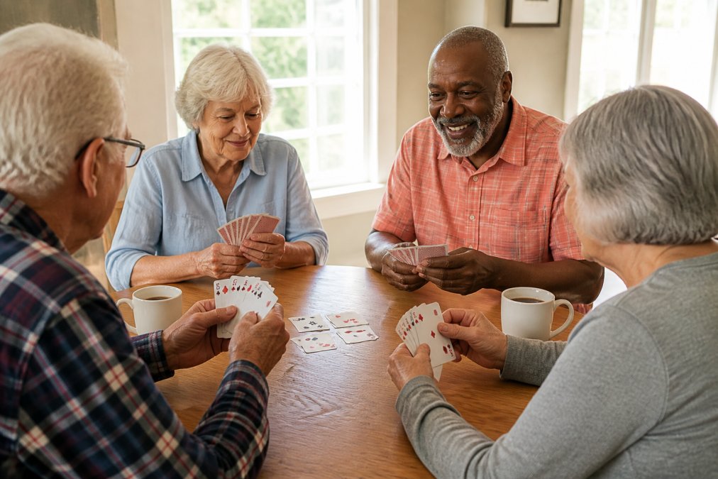 Group of seniors engaged in a meaningful activity together, playing cards at a wooden table, concentrating on their game, with natural sunlight from windows and coffee cups nearby