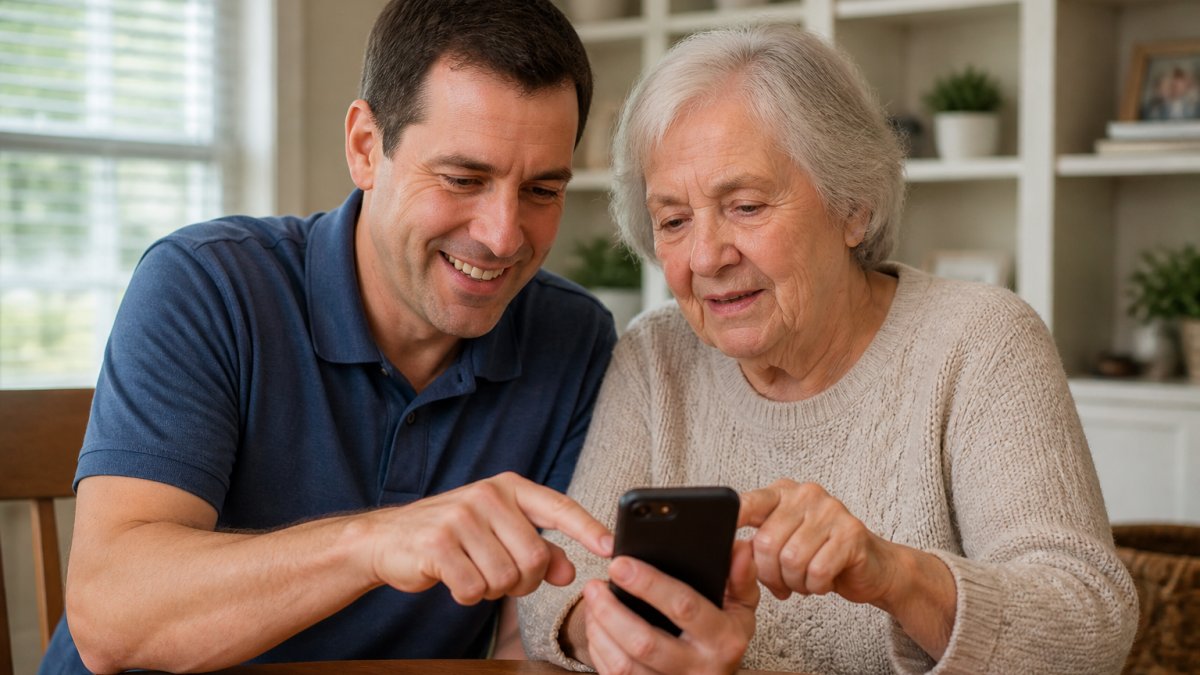 Adult child and senior parent sitting together at a table, looking at a smartphone together, with the senior pointing at the screen while the adult gently guides their finger