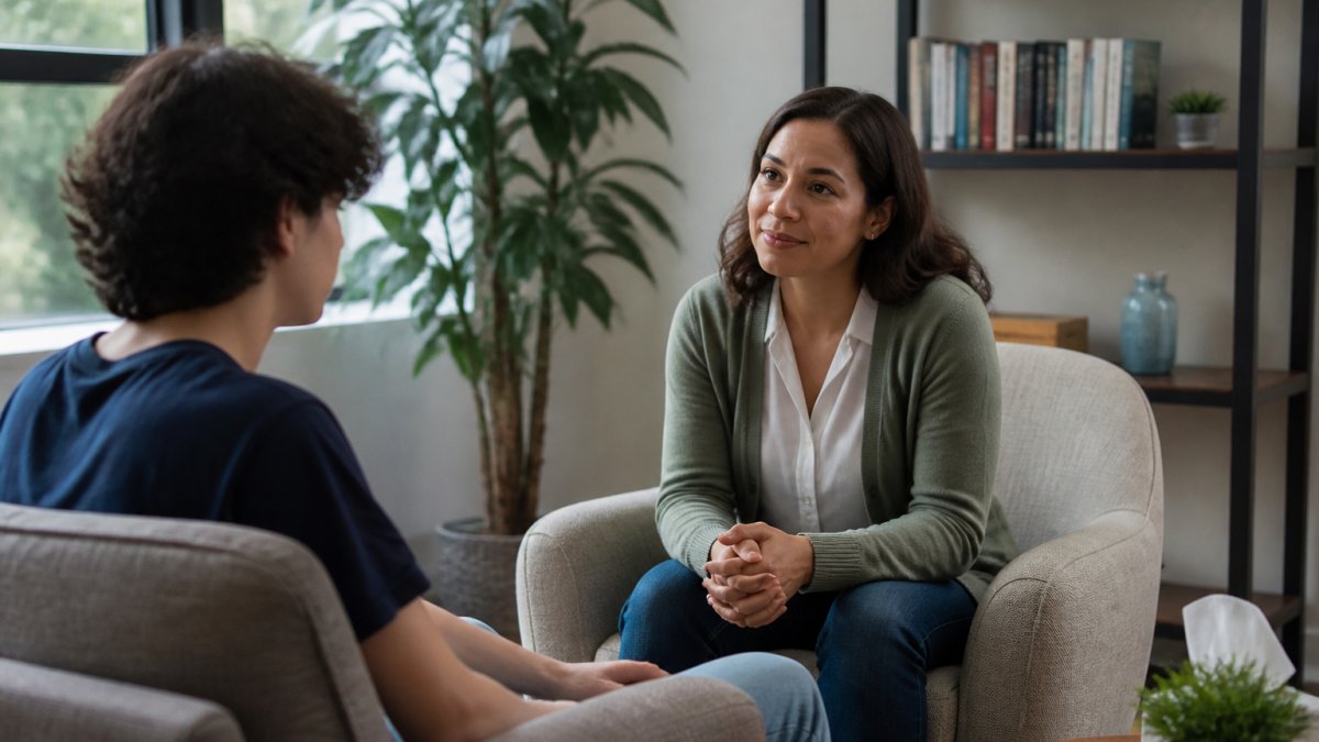 Therapist leaning forward to build rapport with a teen client during a calm therapy session
