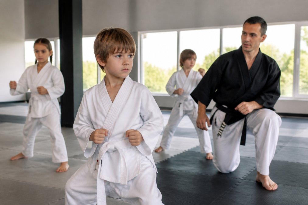 Young student in a martial arts uniform practicing a focused ready stance to help child focus in class