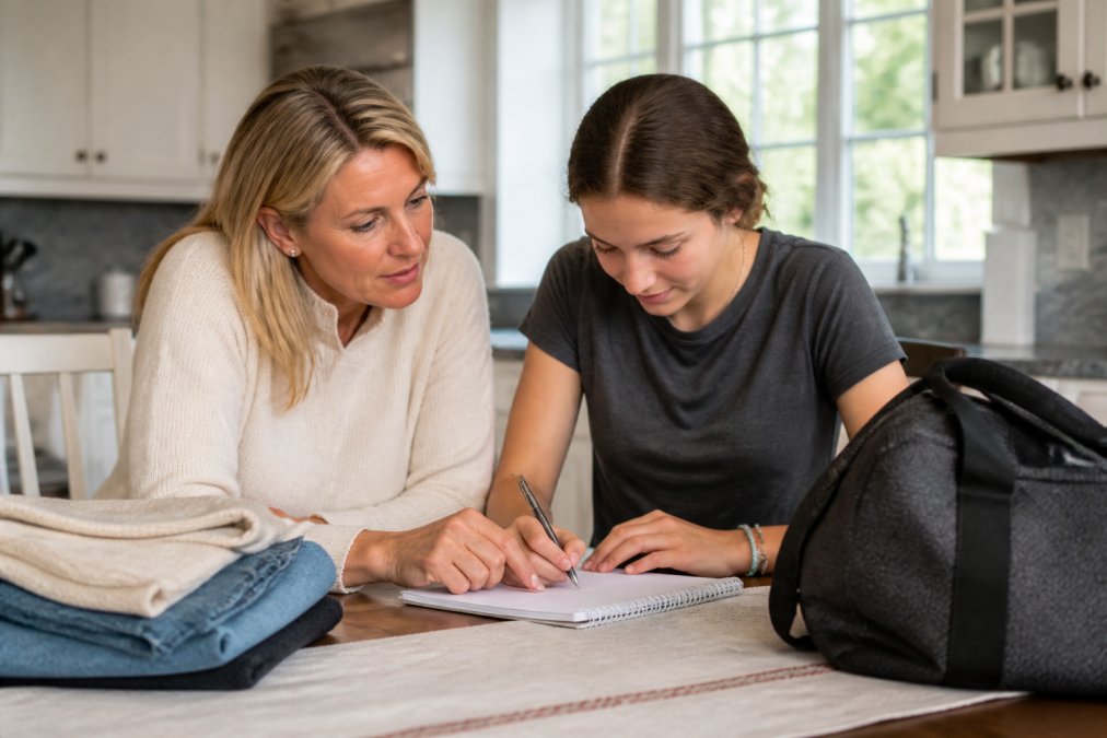 A parent and teenager sitting at a kitchen table with a notebook and laptop, reviewing a checklist together in a warm home setting