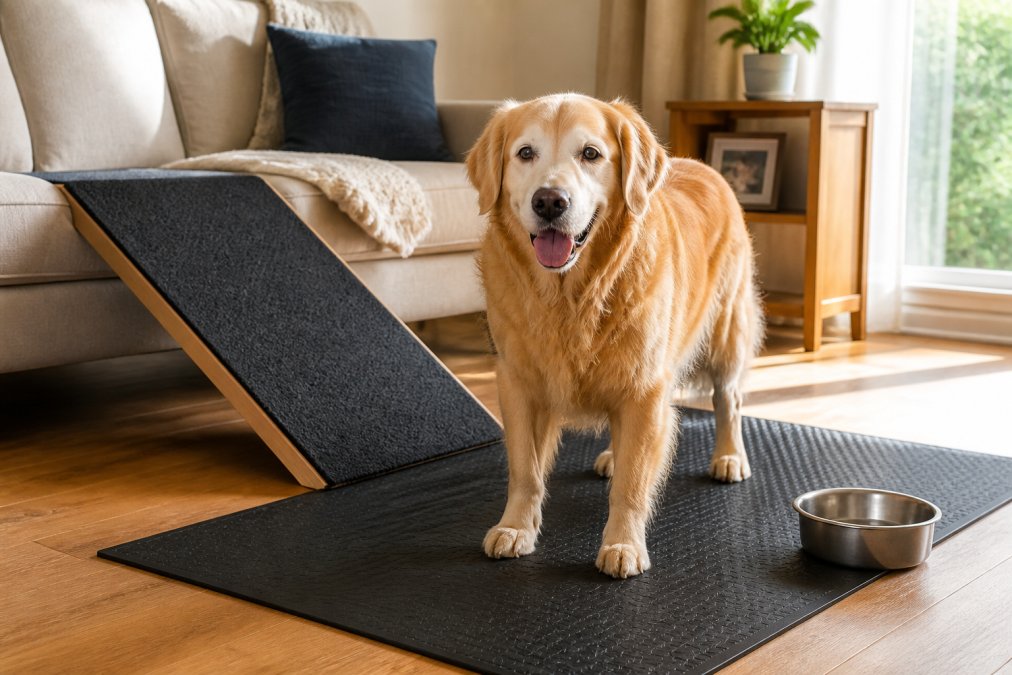 A senior golden retriever standing confidently on a wide non-slip rubber mat in a sunlit living room, with a gentle ramp leading up to a sofa and a water bowl nearby