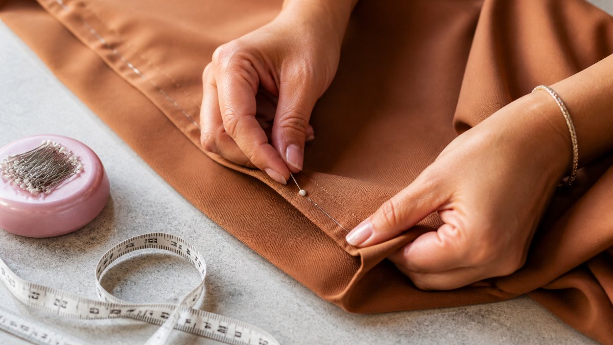 Close-up of hands pinning a jumpsuit hem with a measuring tape visible, showing proper pin placement along the fold with natural lighting on a sewing surface