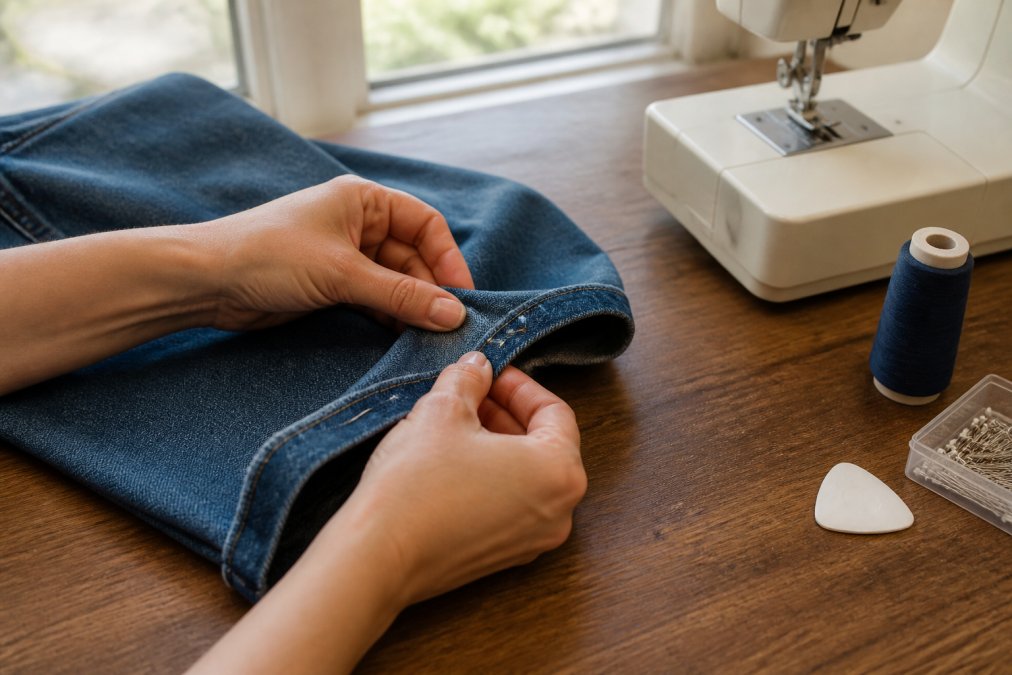 Step-by-step guide showing how to pin, sew, and trim the hem of wide leg jeans on a sewing table.