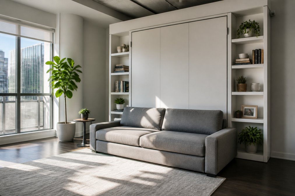 A modern studio apartment living room with a Murphy wall bed folded up flush into a clean white cabinetry unit, integrated shelving filled with books and plants on either side, a gray sofa positioned in front, afternoon light coming through large windows