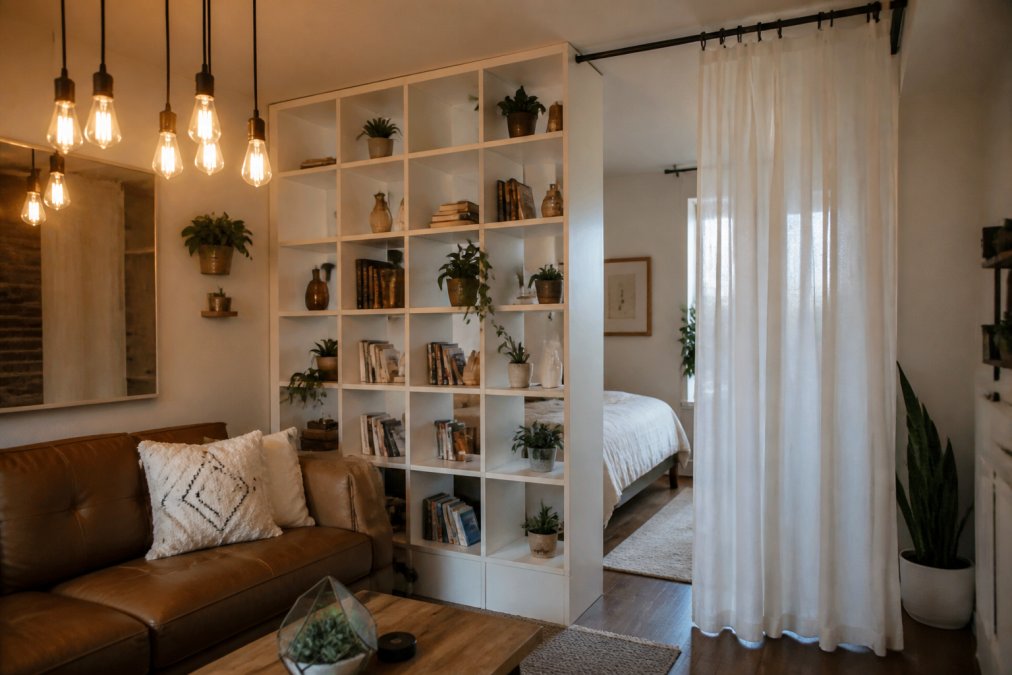 A small open-concept apartment interior with a tall double-sided bookcase divider separating a sleeping nook from the living area, warm Edison bulb lighting on the living side, sheer white curtain track panels partially drawn beside the bookcase