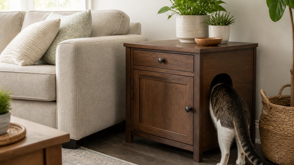 A stylish wooden end table with a cat entering a side cutout opening, placed next to a sofa in a bright, modern living room with plants and natural light