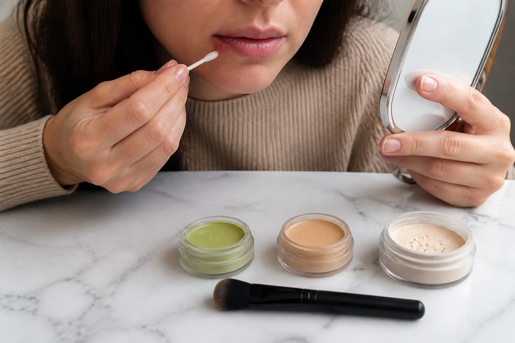 Close-up of a person's hands carefully applying concealer to their lip area with a clean Q-tip, with a green color corrector, full-coverage concealer, and setting powder arranged neatly on a white marble surface beside them