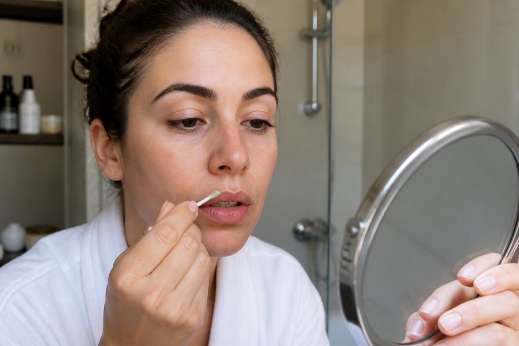 A person in a well-lit bathroom carefully applying a small amount of green concealer to their lip area with a clean cotton swab, looking into a mirror held in one hand