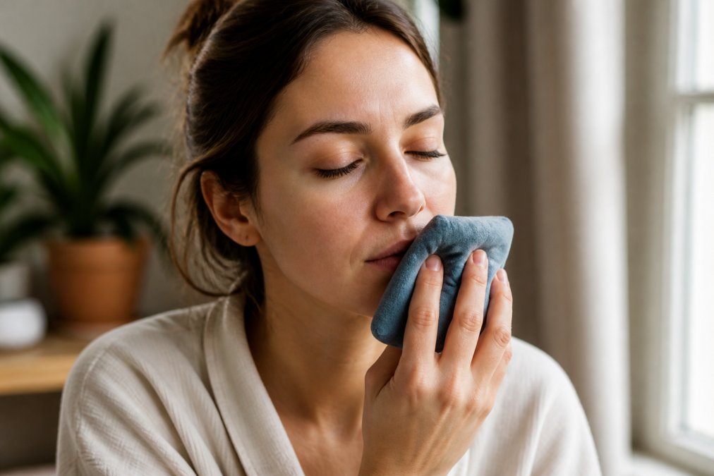Person holding a soft cold compress against their lips, demonstrating proper technique with relaxed facial expression and natural indoor lighting