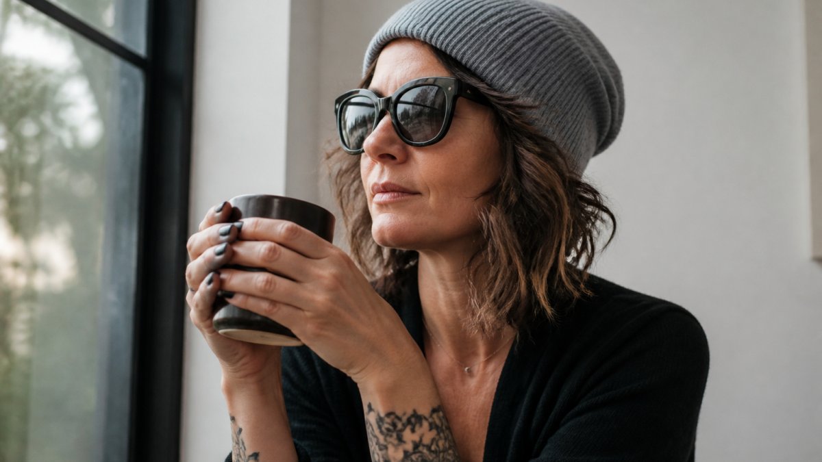 Woman in her forties wearing a soft beanie and sunglasses while holding a coffee cup in natural morning light.