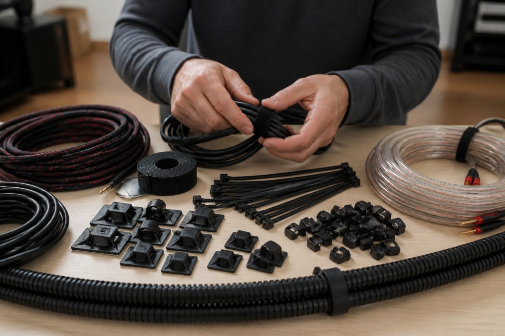 Professional demonstrating proper cable management technique with organized cables, clips, ties, and shielded speaker wire laid out on a clean work surface in bright lighting