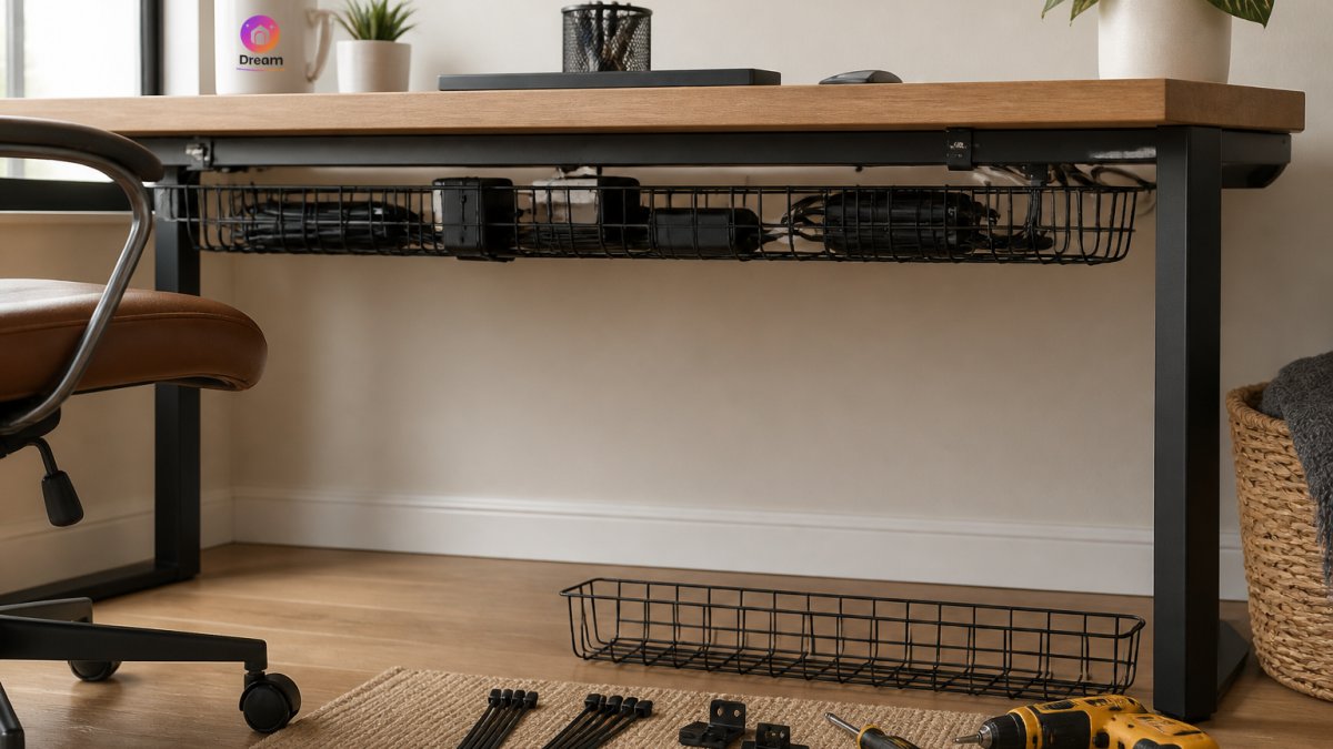 Neatly organized power strips and bundled cords secured in an under-desk cable tray beneath a home office desk.