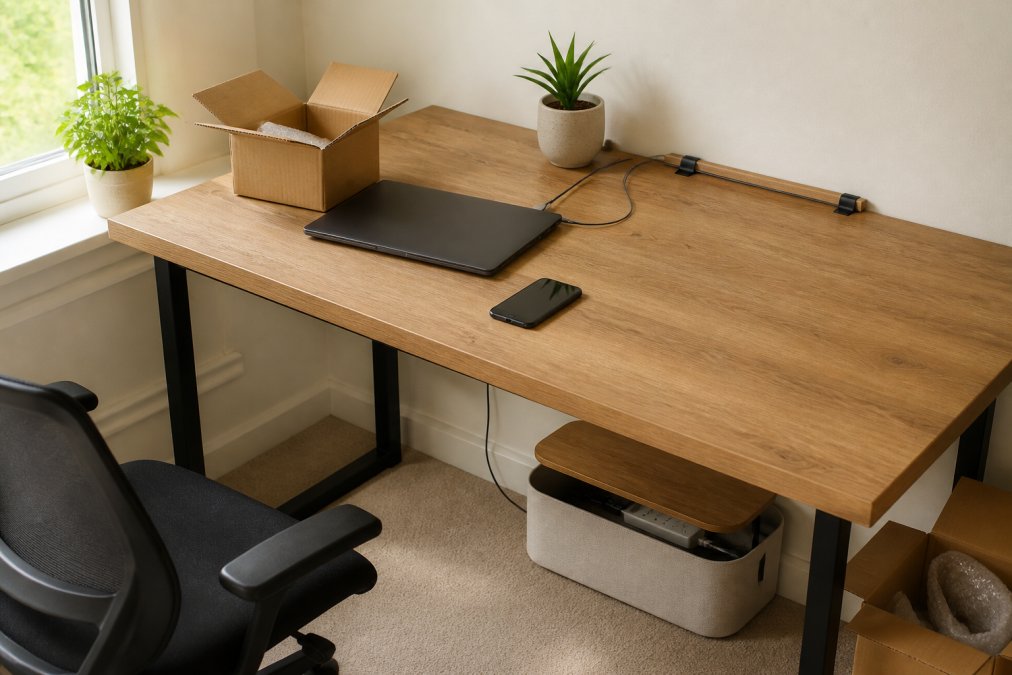 A tidy home office desk with a laptop, a charging cable routed neatly along the back edge through a clip, and a small cable box hiding a power strip underneath, warm natural light from a window
